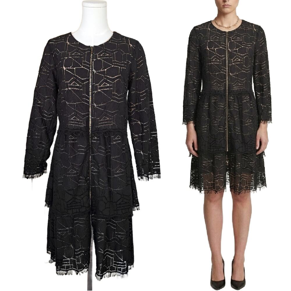 LELA ROSE Black Geo Lace Tiered Cocktail Midi Dress Size 8 Zip Front